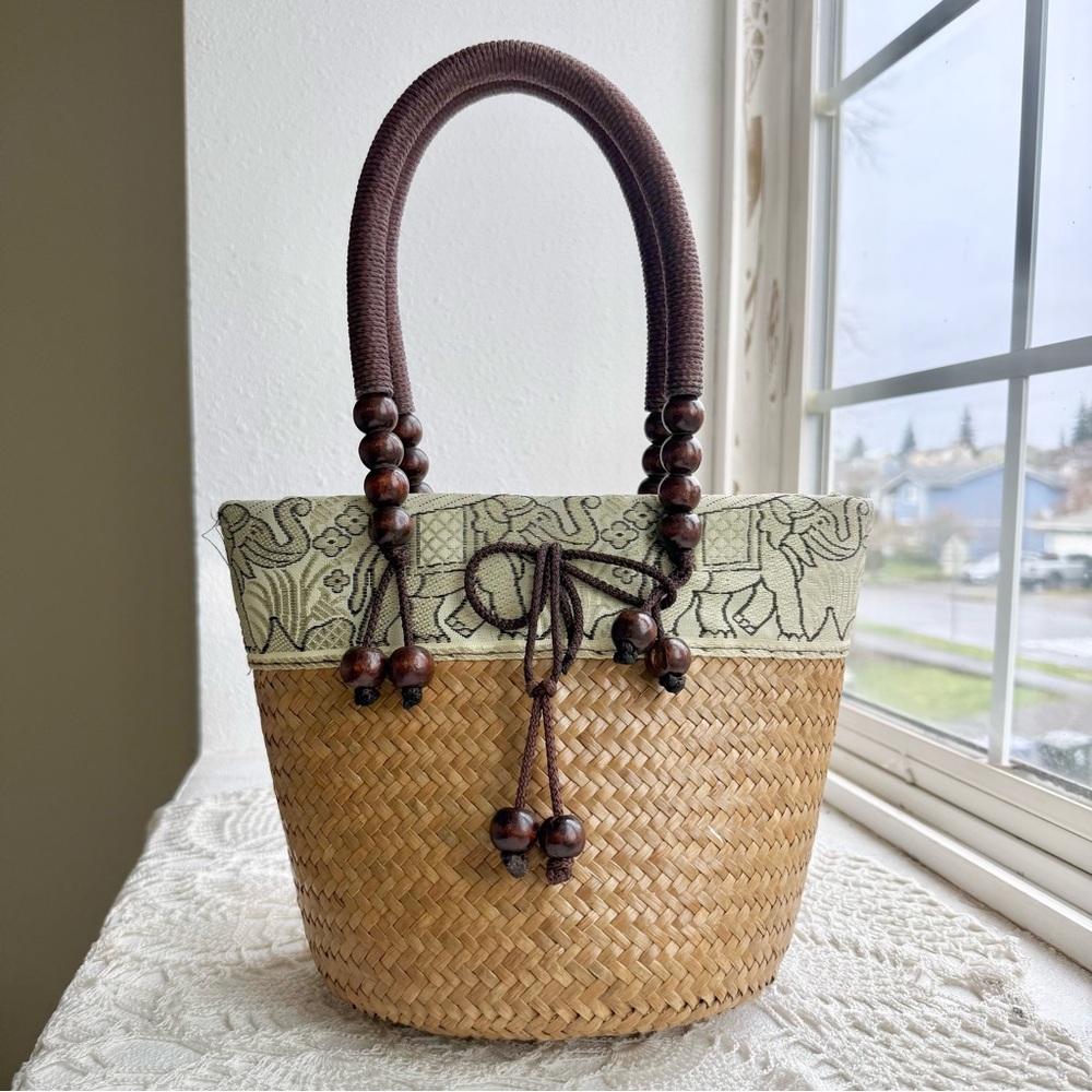 Woven Straw Bucket Bag with Beaded Handles | Boho Cottagecore Summer Tote